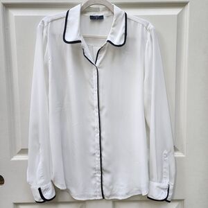 T Tahari White Button Down Blouse Size XL with Black Trim